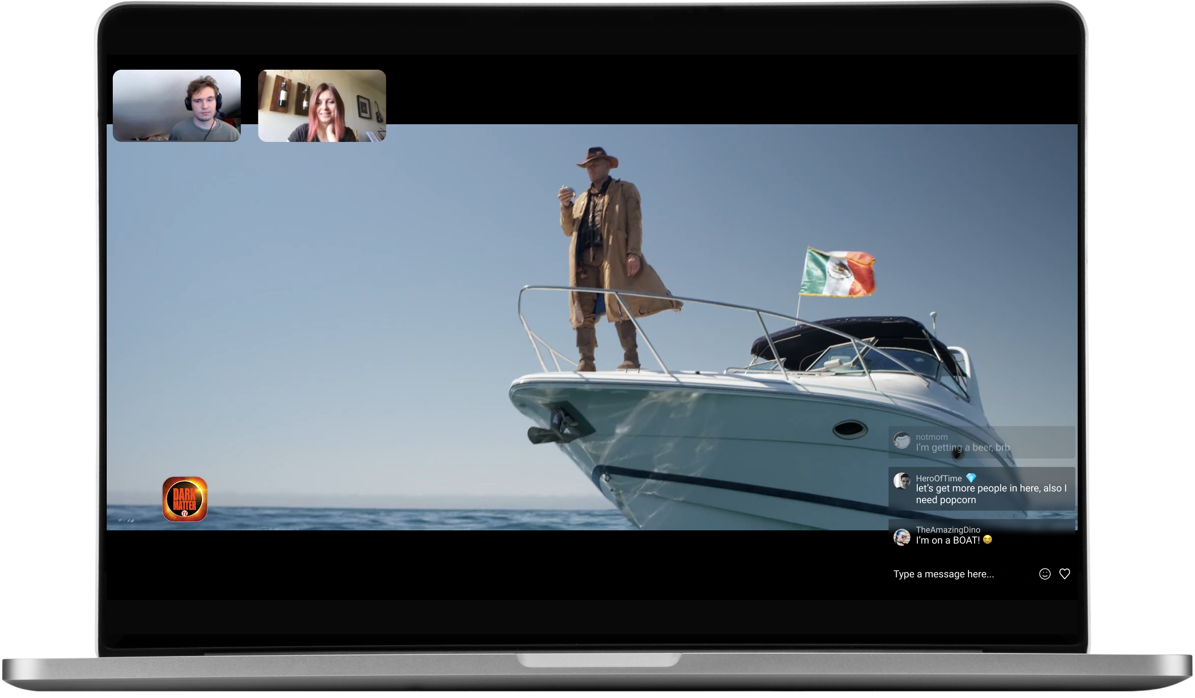 Photo of a laptop displaying image of a man standing on the bow of a boat during a video conferencing call